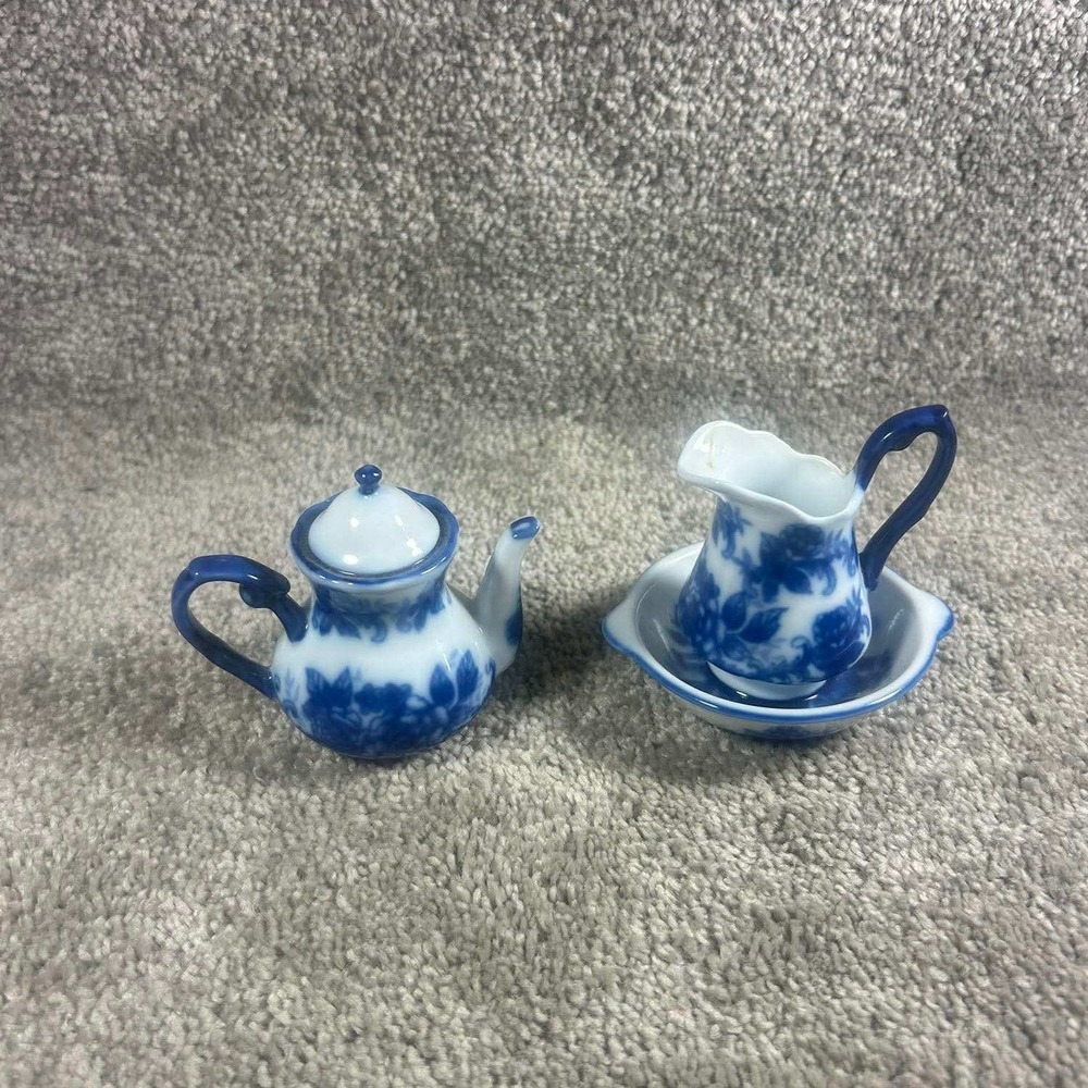Miniature Tea Set Blue White Floral Porcelain Teapot Creamer Saucer 3pc Set
